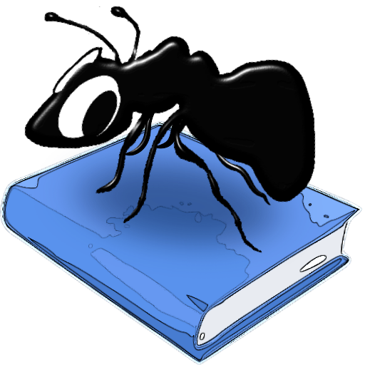 cartoon image of an ant standing on a blue book